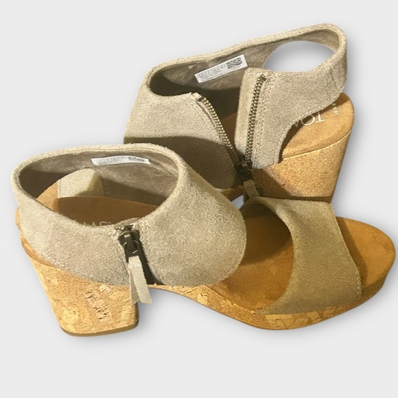 Toms Suede Platform Open Toe Zipper Beige Cork Heels Women’s Size 8 - Picture 6 of 7